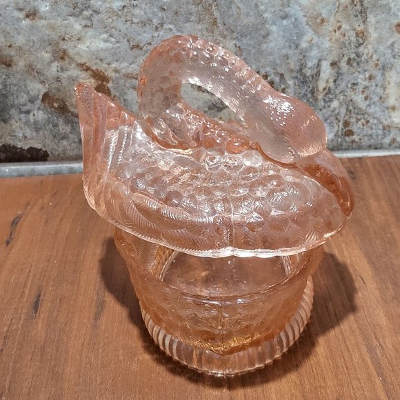 VTG Pink Glass Nesting Swan Covered Trinket Oval Candy Dish Peach Translucent - Picture 8 of 15